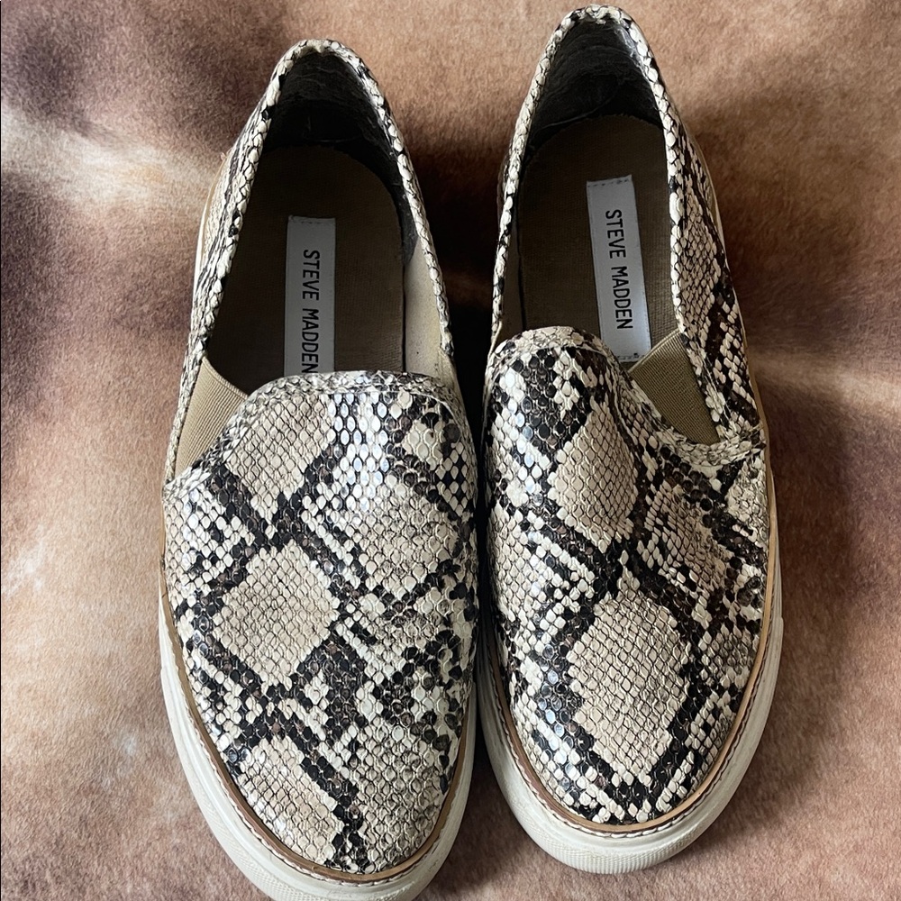 Steve Madden Black and Cream Snakeskin Loafers